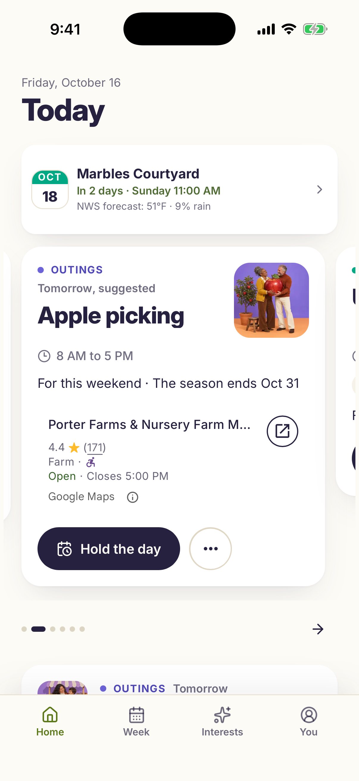 intori Today: apple picking at a nearby farm tomorrow, 8 AM to 5 PM, ready to hold, with Marbles Courtyard already on the calendar for Sunday at 11:00 AM