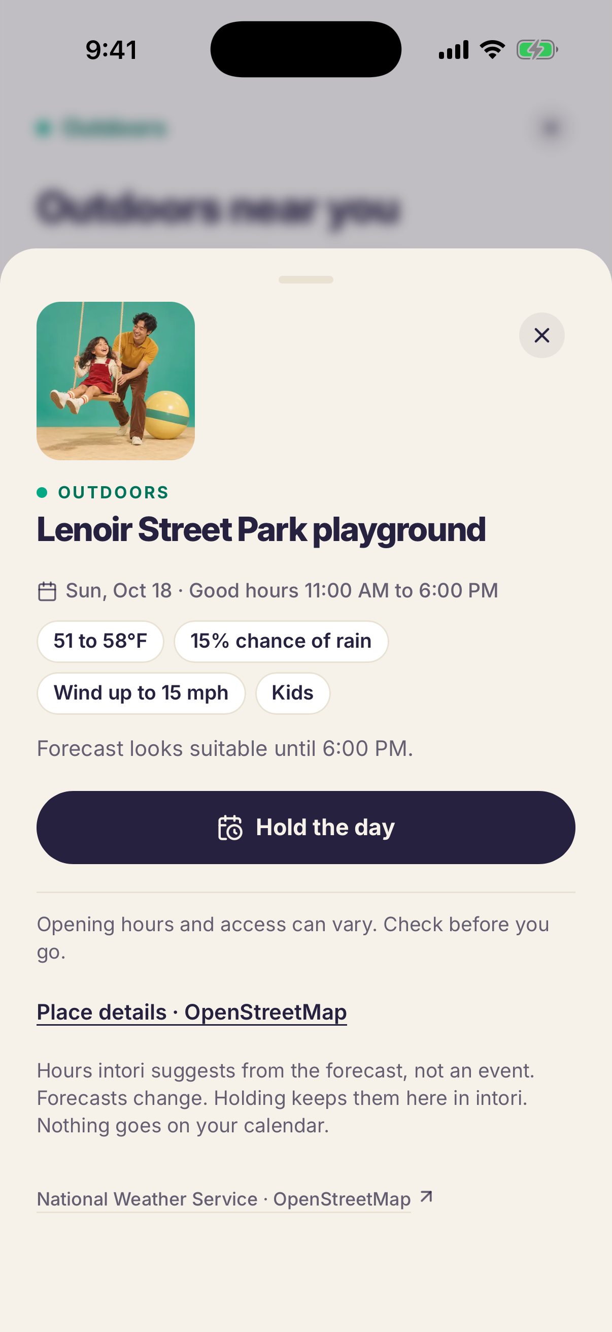 intori details for Lenoir Street Park playground: Sunday, October 18, good hours 11:00 AM to 6:00 PM, 51 to 58°F, 15% chance of rain, for kids, with Hold the day
