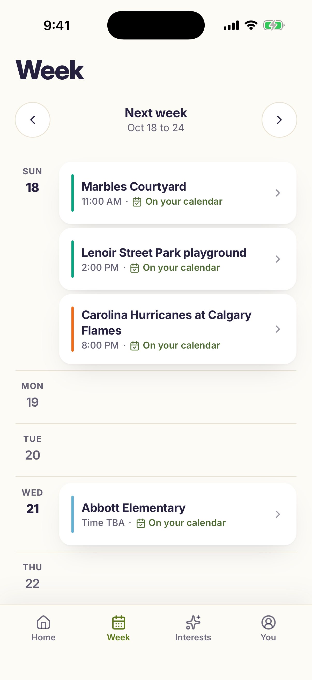 intori Week for October 18 to 24: Marbles Courtyard and Lenoir Street Park playground on Sunday, the Hurricanes at the Flames Sunday night, and Abbott Elementary on Wednesday