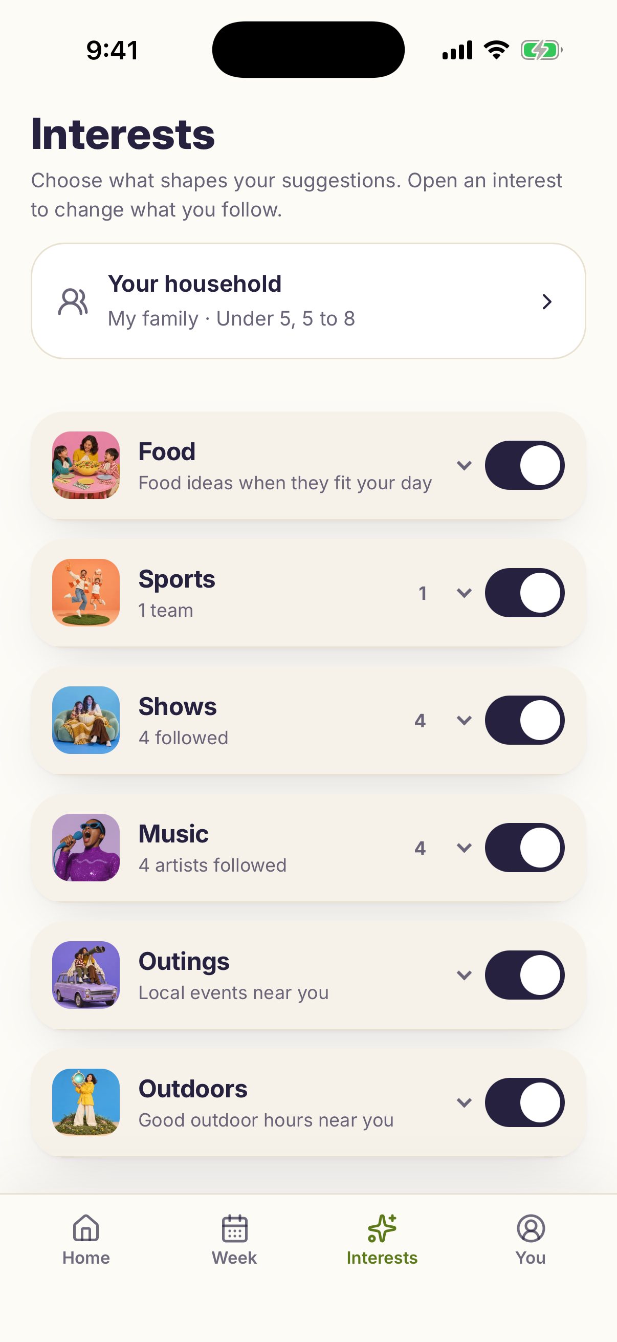 intori Interests for a family with kids under 5 and 5 to 8, with all six turned on: Outings, Outdoors, Sports, Shows, Music and Food