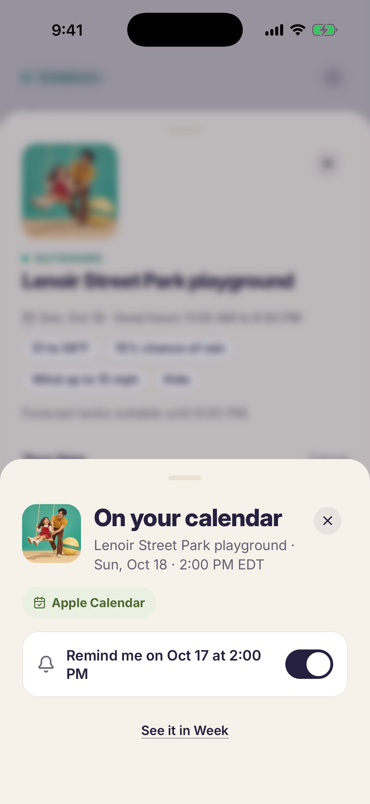 intori confirming Lenoir Street Park playground is on your calendar for Sunday, October 18 at 2:00 PM in Apple Calendar, with a reminder the day before turned on