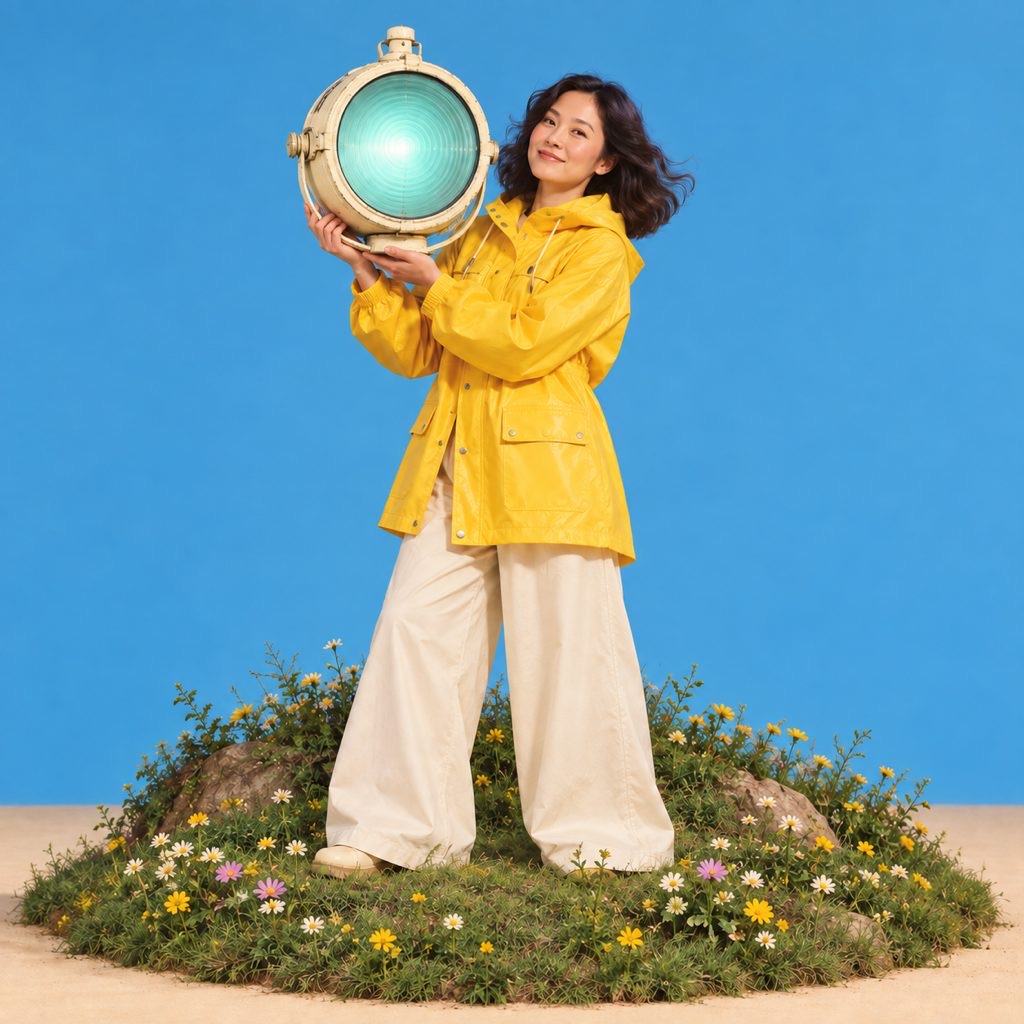 A mother in a yellow raincoat holding up a glowing lantern against a blue sky