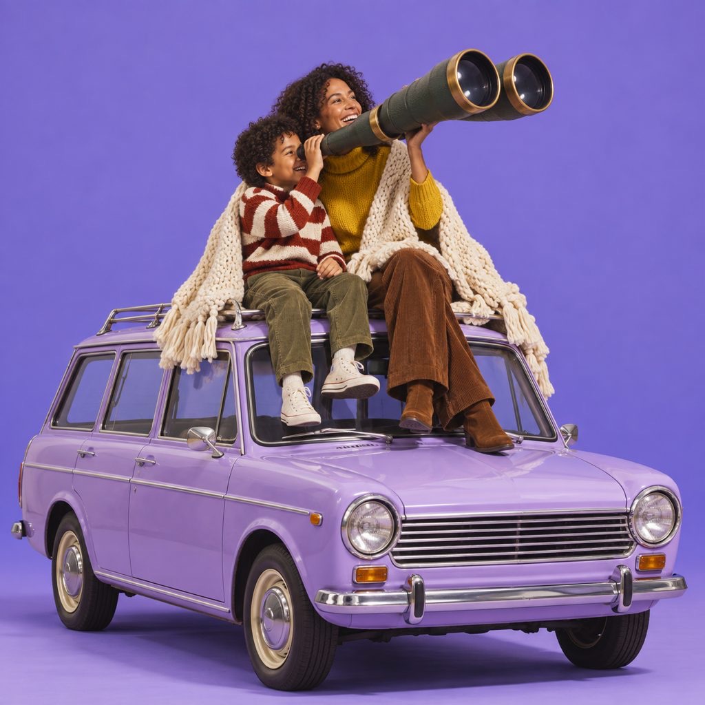 A mother and child on the roof of a lilac station wagon, looking out through binoculars against a purple backdrop